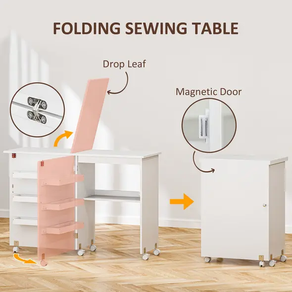 HOMCOM Folding Sewing Table, Drop Leaf Craft Table with Storage Bins, Open Shelf and Wheels, Rolling Sewing Machine Cabinet Computer Desk for Small Space, White - 4