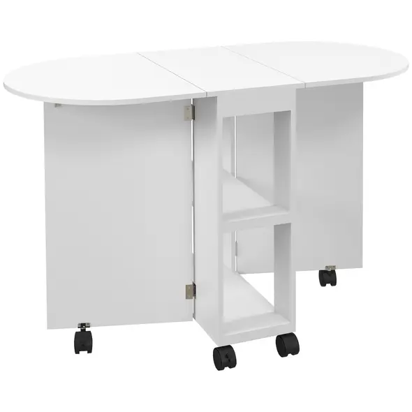 HOMCOM Four-Person Drop Leaf Dining Table, with Wheels - White - 1