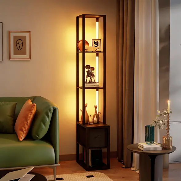 HOMCOM Floor Lamp with Shelves, LED Column Modern Standing Lamp with Fabric Drawer, Adjustable Brightness, Foot Switch for Living Room, Bedroom, Office, Black - 7