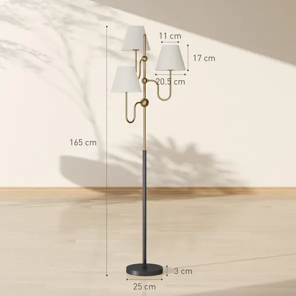 HOMCOM Floor Lamp, 165 cm Tall Standing Lamp with 3 Light and Foot Switch for Living Room, Bedroom, Bedside, Office, E27 Base Without Bulb (40W Max) - 3