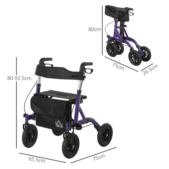 HOMCOM Folding Adjustable Rollator with Dual Brakes & 6 Adjustable Handle Heights for Seniors Purple - 3