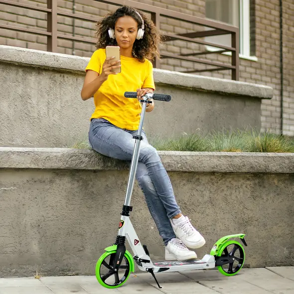 HOMCOM Folding Kick Scooter, Adjustable Ride On Scooter with 200mm Big Wheels and Double Shock Absorption, Urban Scooter for 14+ Teens Adult, Green - 2