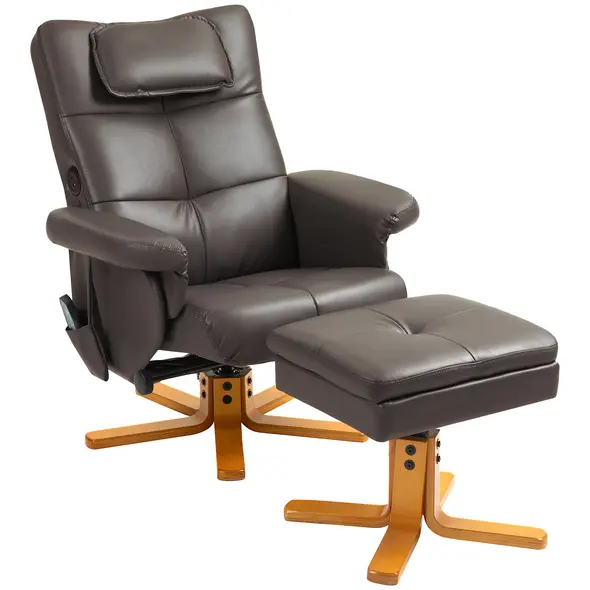 HOMCOM Faux Leather Massage Recliner Chair, with Storage Ottoman - Brown - 1