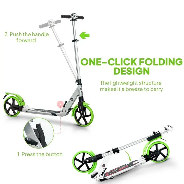 HOMCOM Folding Kick Scooter, Adjustable Ride On Scooter with 200mm Big Wheels and Double Shock Absorption, Urban Scooter for 14+ Teens Adult, Green - 6
