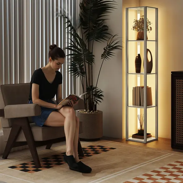 HOMCOM Floor Lamp with Shelves and 3 Brightness Levels - Oak - 9