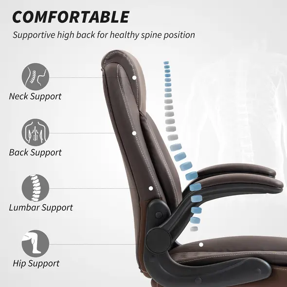 HOMCOM Faux Leather Office Chair. with Flip-Up Armrests - Brown - 4