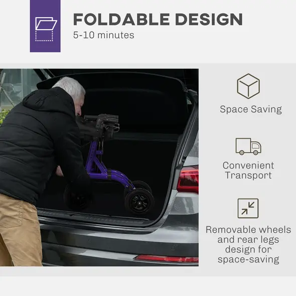 HOMCOM Folding Adjustable Rollator with Dual Brakes & 6 Adjustable Handle Heights for Seniors Purple - 7