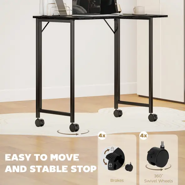 HOMCOM Folding Small Desk on Wheels - Black Wood Effect - 5