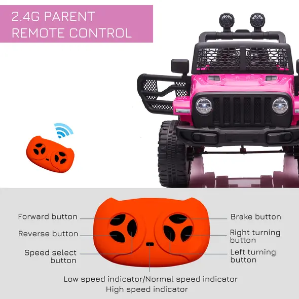HOMCOM Kids Electric Ride On Car 12V Off Road Toy with Parental Remote Control 2 Motors Horn Lights Suspension Wheels for 3-6 Years Old Pink - 6