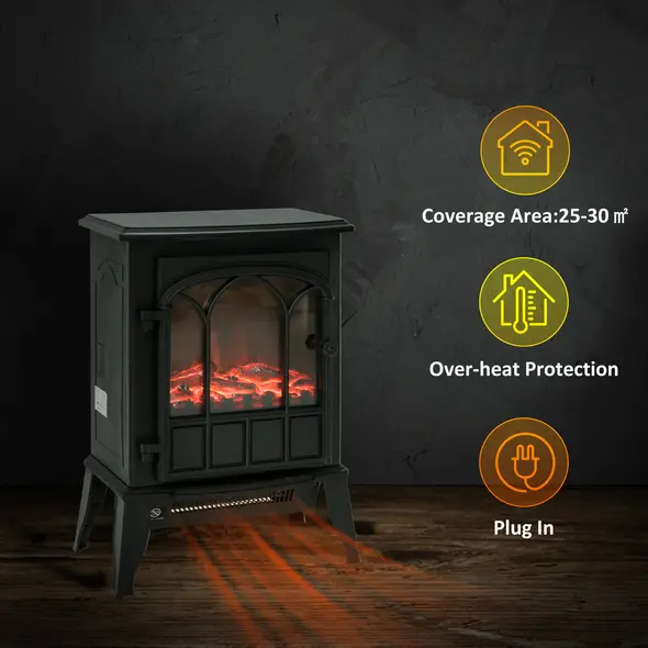 HOMCOM Freestanding Electric Fireplace, Electric Stove Heater with LED Flame Effect, Overheating Safety System, 1000W/2000W Black - 6