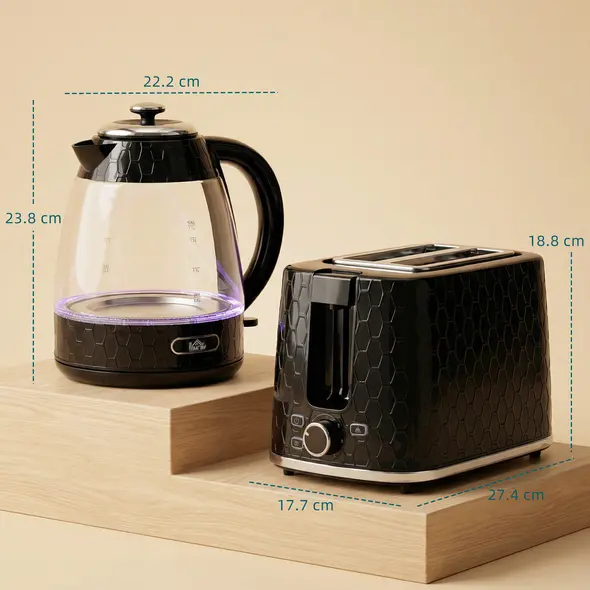 HOMCOM Kettle and Toaster Set, 1.7L 3000W Rapid Kettle with Limescale Filter, 2 Slice Toaster with 7 Browning Controls, Black - 3