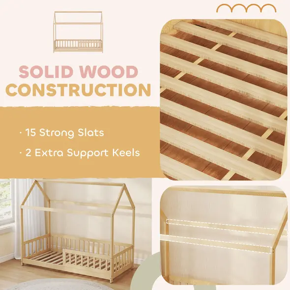 HOMCOM House-Shaped Kids Bed Frame with Guard Rails, Solid Pine Wood Single Bed Frame for Kids Boys and Girls, Natural - 7