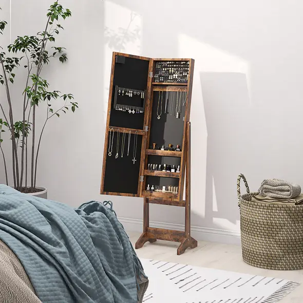 HOMCOM Freestanding Mirrored Jewellery Storage Cabinet - Wood-Effect - 9