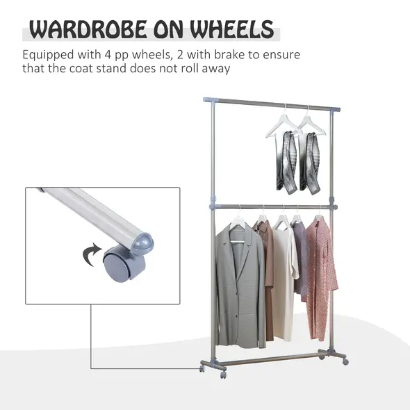 HOMCOM Heavy Duty Clothes Hanger Garment Rail Hanging Display Stand Rack w/ Wheels Adjustable - 6