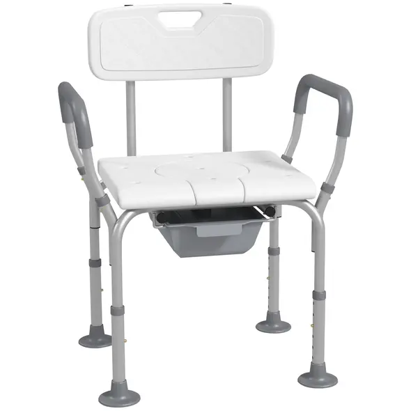 HOMCOM Height Adjustable Shower Stool with Arms and Back, Non-Slip Bedside Commode with Detachable Bucket for Elderly, White - 1