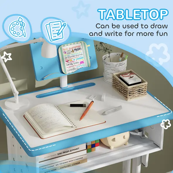 HOMCOM Kids Adjustable Desk and Chair Set, Book Stand, Pen Slot - Blue - 7