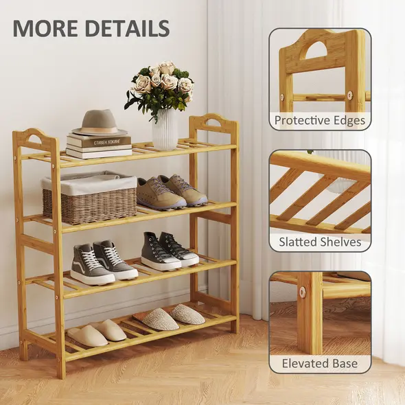 HOMCOM Freestanding Bamboo Shoe Rack, 4-Tier Shoe Shelf Stand for Hallway, Living Room, Bedroom, Natural Wood Finish - 6