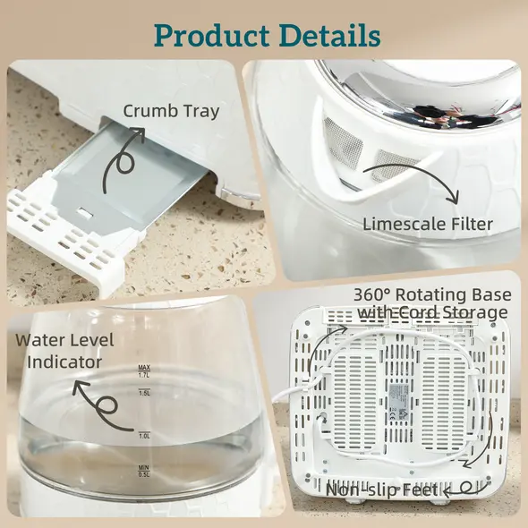 HOMCOM Kettle and Toaster Set, 1.7L 3000W Rapid Kettle with Strix Thermostat, 4 Slice Toaster with 7 Browning Controls, Cream - 9