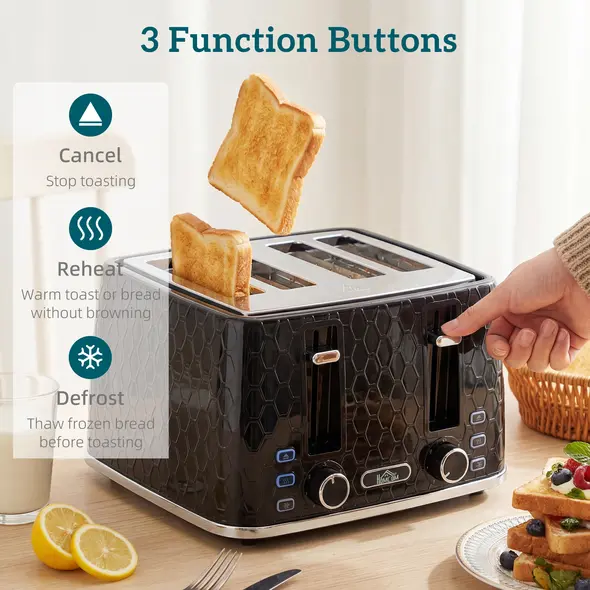 HOMCOM Kettle and Toaster Set, 1.7L 3000W Rapid Kettle with Strix Thermostat, 4 Slice Toaster with 7 Browning Controls, Black - 7