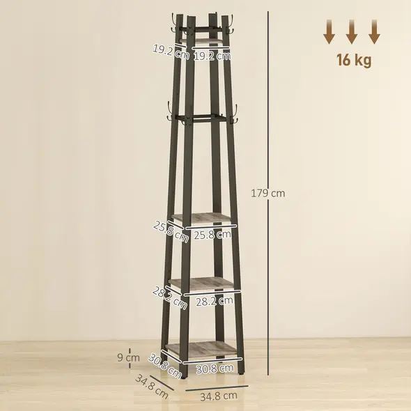 HOMCOM Industrial-Style Four Shelf Coat Stand - Grey/Black - 3
