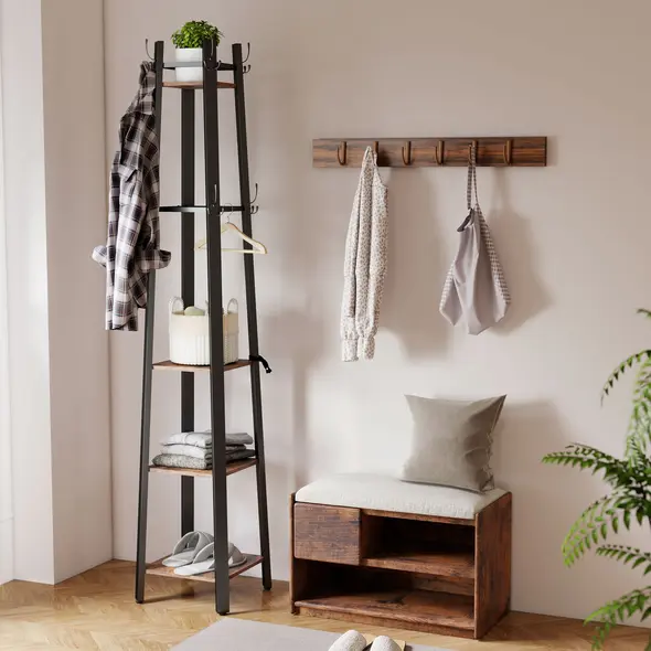 HOMCOM Industrial-Style Four Shelf Coat Stand - Brown/Black - 2