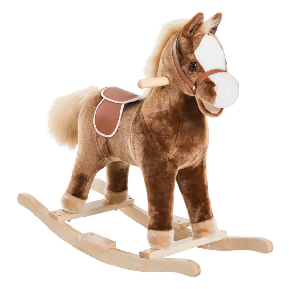 HOMCOM Kids Children Plush Rocking Horse Wooden Base Ride On Toy Rocker with Handle Grip Traditional Toy Fun Gift for Age 3+ (Brown) - 1