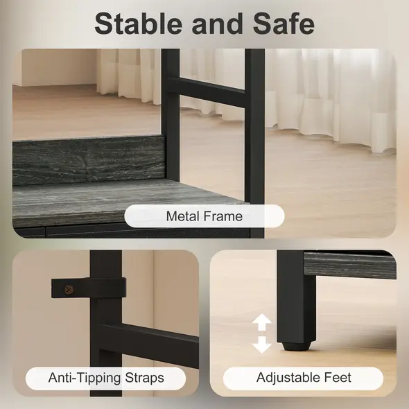 HOMCOM Industrial Style Bookcase, with 4 Shelves and 3 Fabric Drawers - Grey/Black - 6