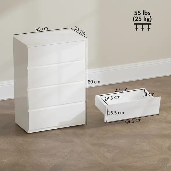 HOMCOM High Gloss Chest of Drawers, 4-Drawer Storage Cabinets, Modern Dresser for Bedroom, White - 3