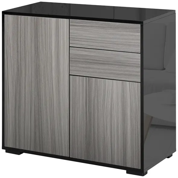 HOMCOM High Gloss Frame Sideboard, Push-Open Design with 2 Drawer for Living Room, Bedroom, 74H x 79W x 36Dcm, Light Grey and Black - 1