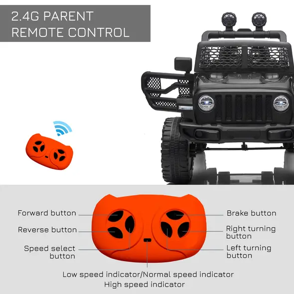 HOMCOM Kids Electric Ride On Car 12V Off Road Toy with Parental Remote Control 2 Motors Horn Lights Suspension Wheels for 3-6 Years Old Black - 7