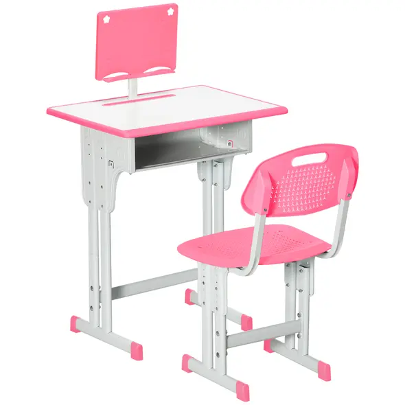 HOMCOM Kids Adjustable Desk and Chair Set, Book Stand, Pen Slot - Pink - 1