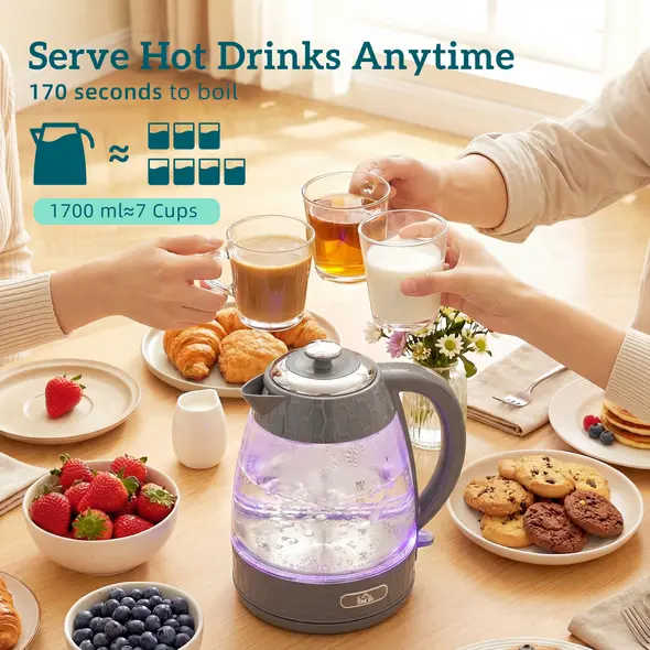 HOMCOM Kettle and Toaster Set, 1.7L 3000W Rapid Kettle with Limescale Filter, 2 Slice Toaster with 7 Browning Controls, Grey - 4