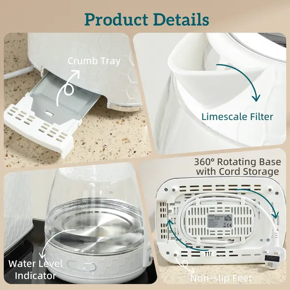 HOMCOM Kettle and Toaster Set, 1.7L 3000W Rapid Kettle with Limescale Filter, 2 Slice Toaster with 7 Browning Controls, Cream - 9