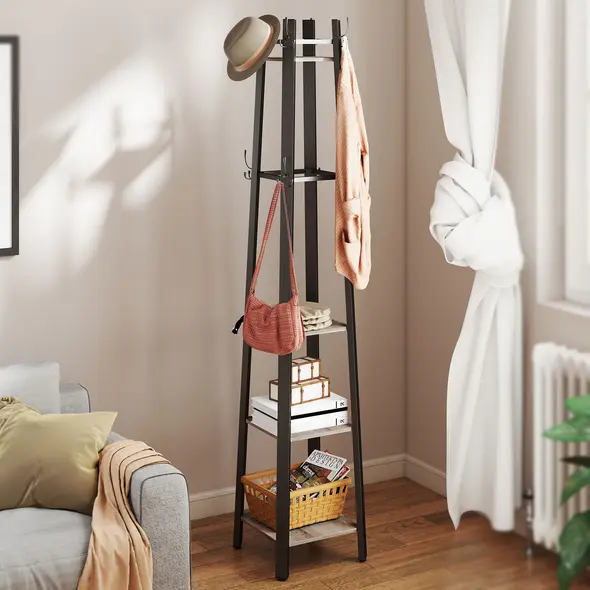 HOMCOM Industrial-Style Four Shelf Coat Stand - Grey/Black - 7