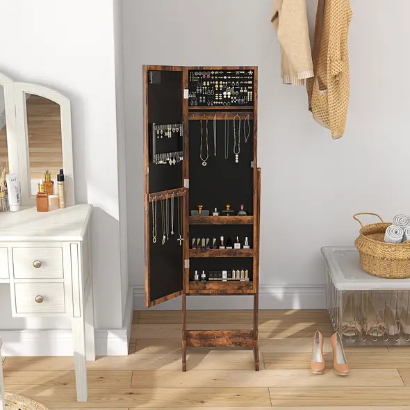 HOMCOM Freestanding Mirrored Jewellery Storage Cabinet - Wood-Effect - 7