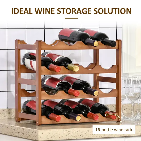 HOMCOM Free Standing Bamboo Wine Rack with 16 Bottles Holder, 4-tier Water Bottle Organiser, Display Shelf for Countertop, Home Bar, Brown - 5