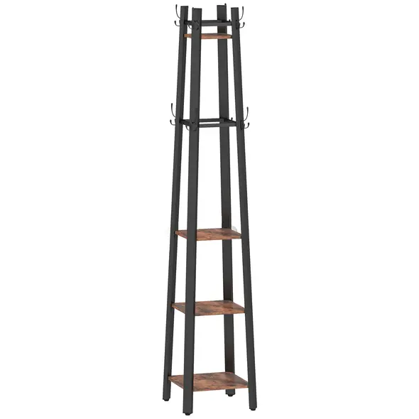 HOMCOM Industrial-Style Four Shelf Coat Stand - Brown/Black - 1