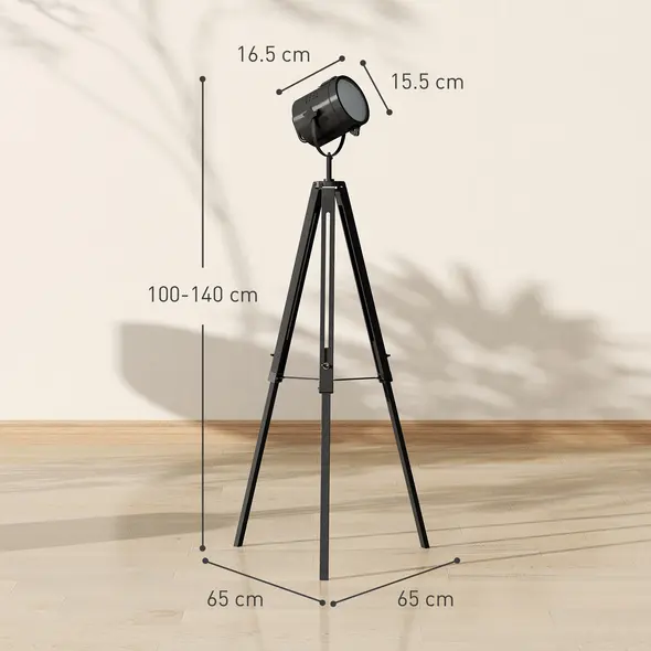 HOMCOM Industrial Tripod Floor Lamp, Nautical Searchlight with Adjustable Height, Wood Legs, E14 Lamp Base for Living Room, Bedroom, Black - 3