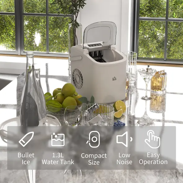 HOMCOM Ice Maker Machine Counter Top, 12Kg in 24 Hrs, 9 Cubes Ready in 6-12Mins, Portable Ice Cube Maker with Ice Scoop and Basket, White - 6