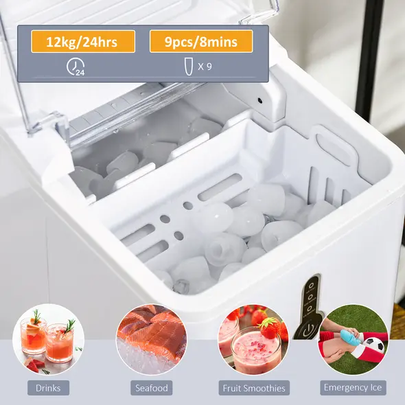 HOMCOM Ice Maker Machine, 1.5L Countertop Ice Cube Maker with Self-Cleaning, 9 Cubes Ready in 8 Mins, 12kg in 24 Hrs, No Plumbing with Basket, White - 6