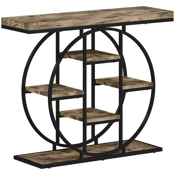 HOMCOM Industrial Console Table with Storage Shelves - Rustic Brown - 1