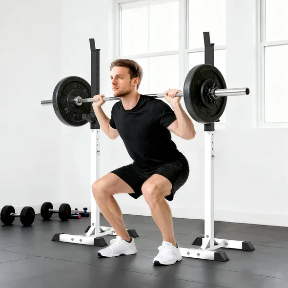 HOMCOM Heavy Duty Weight Bar Barbell Squat Stand Barbell Rack Spotter, for Home, Gym - Black - 9