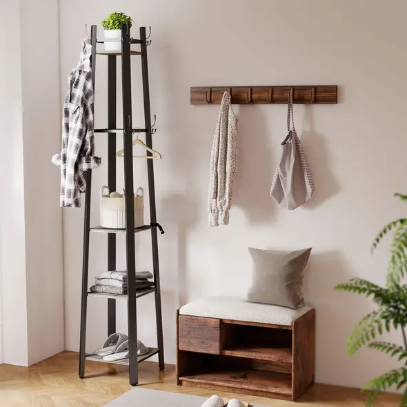 HOMCOM Industrial-Style Four Shelf Coat Stand - Grey/Black - 2