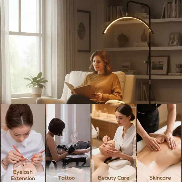 HOMCOM Half Moon Lash Light, Beauty Floor Lamp with 350° Rotatable Head, 7 Colour Temperature and Phone Holder, Dimmable Standing Lamp for Eyelash Extension, Tattoo, Nails, Skincare, Black - 6