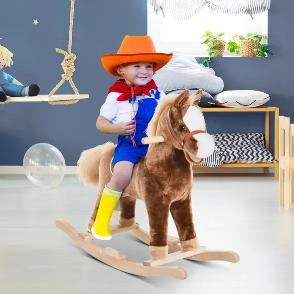 HOMCOM Kids Children Plush Rocking Horse Wooden Base Ride On Toy Rocker with Handle Grip Traditional Toy Fun Gift for Age 3+ (Brown) - 2