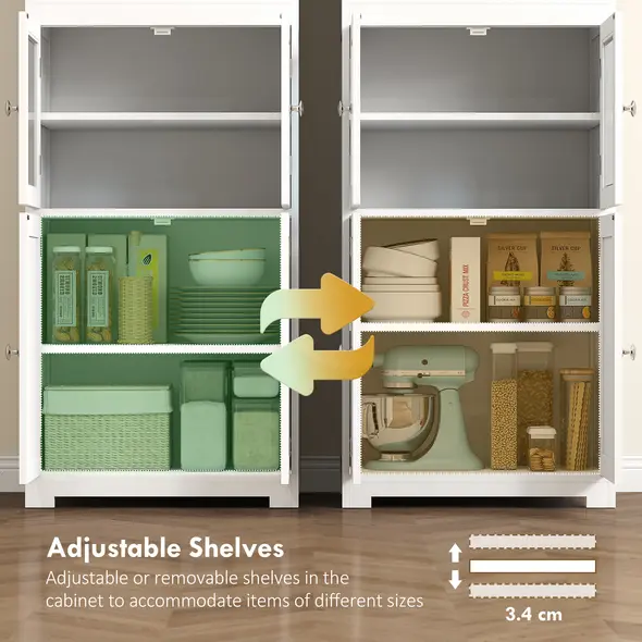 HOMCOM Freestanding Kitchen Cupboard, 4-Door Storage Cabinet with Adjustable Shelf and Glass Doors for Dining Room, Living Room, White - 6