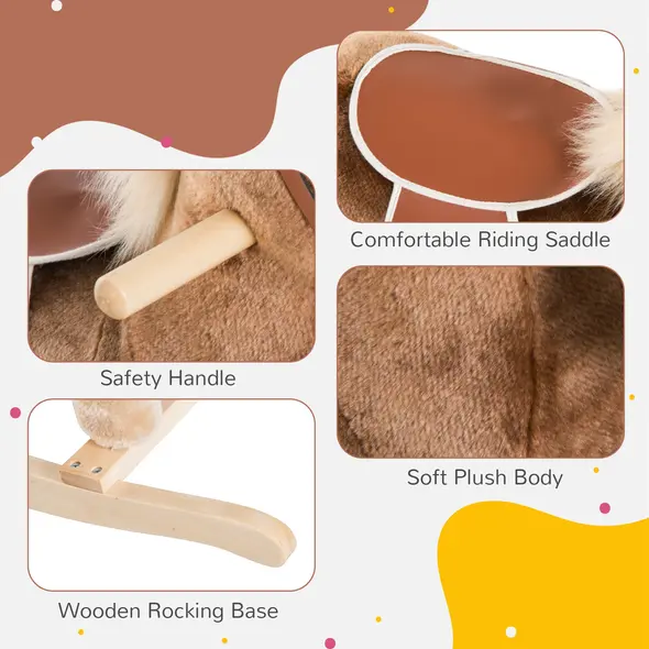 HOMCOM Kids Children Plush Rocking Horse Wooden Base Ride On Toy Rocker with Handle Grip Traditional Toy Fun Gift for Age 3+ (Brown) - 5