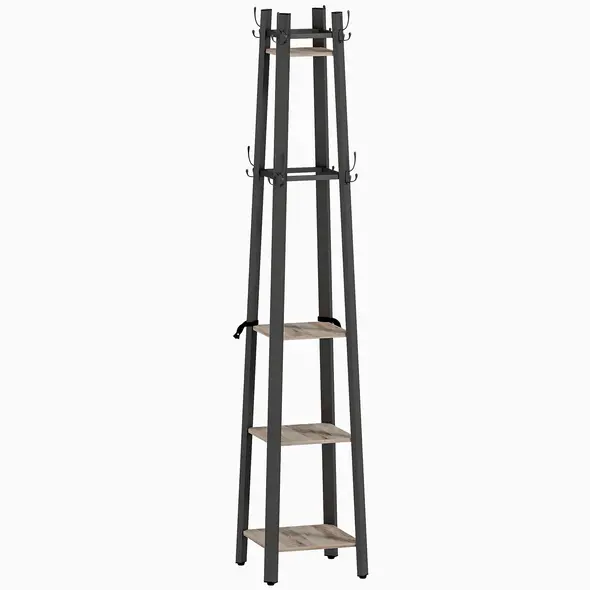 HOMCOM Industrial-Style Four Shelf Coat Stand - Grey/Black - 1