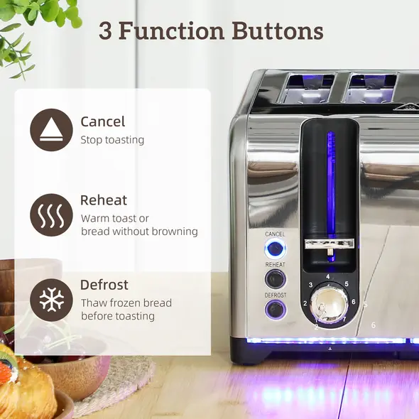 HOMCOM Kettle and Toaster Set, 1.7L 3000W Rapid Boil Jug Kettle with Otter Thermostat, Limescale Filter, 4 Slice Toaster with 7 Browning Controls, Crumb Tray, LED Strip, Silver Tone - 7