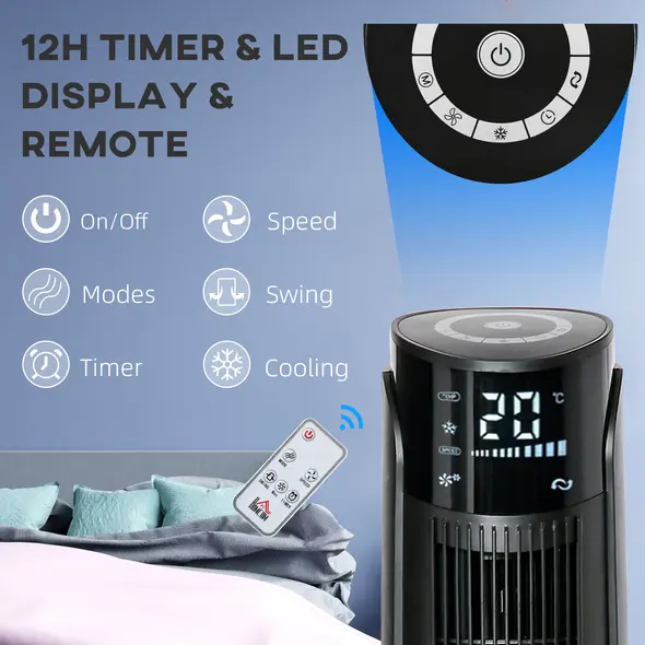 HOMCOM Ice Cooling Tower Fan, Water Conditioner Evaporative Air Cooler Unit with 4 Modes, 3 Speed, Remote Control, Timer, Oscillating for Home Bedroom, Black - 8